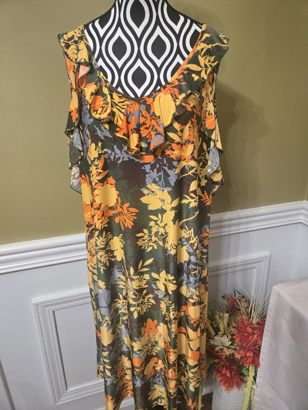Tacera Olive & Mustard Floral Ruffle-Trim Maxi Dress Large